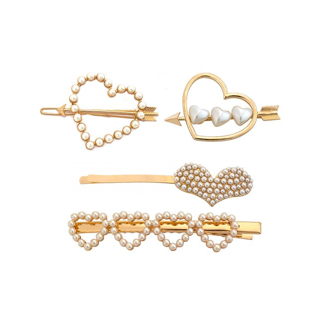 LRC Jepit Rambut Fashion Gold Color Love Heart Shaped Pearl F6051X