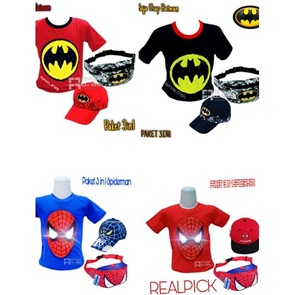 T-SHIRT Kaos oblong Spiderman vs Batman 3in1 kaos anak laki-laki LED dan usap