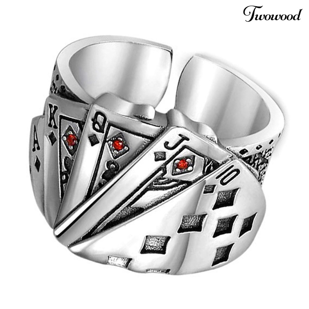 Cincin Model Terbuka Adjustable Desain Kartu Poker Lapis Silver Gaya Punk Untuk Pria