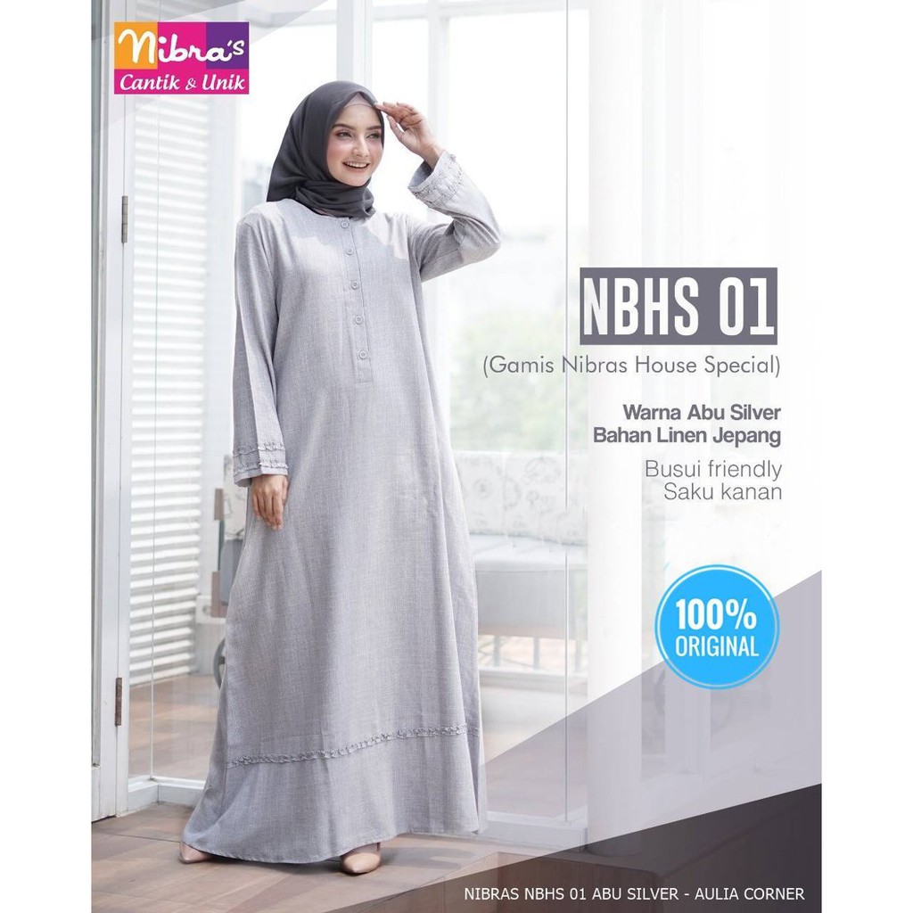 Baju Muslim Terkini Gamis Nibras NBHS 01 Abu Silver Model Terbaru