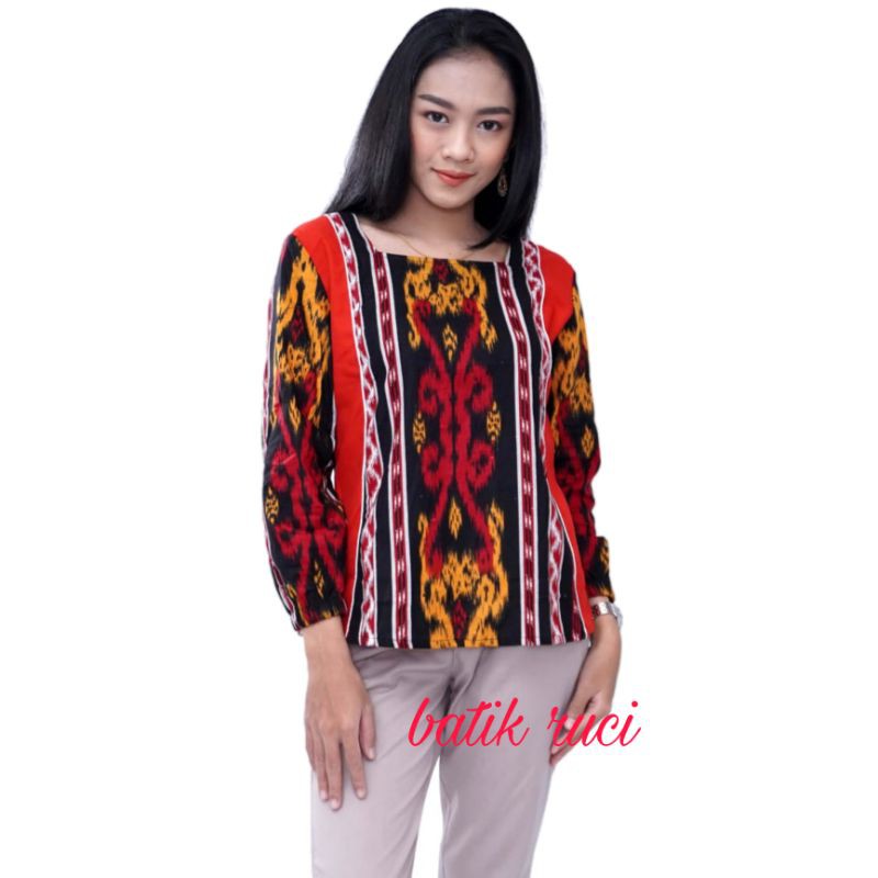 Blouse Batik Wanita Atasan Modern Lengan Panjang Motif Tenun S-M-L-XL-XXL-3L-4L-5L-2