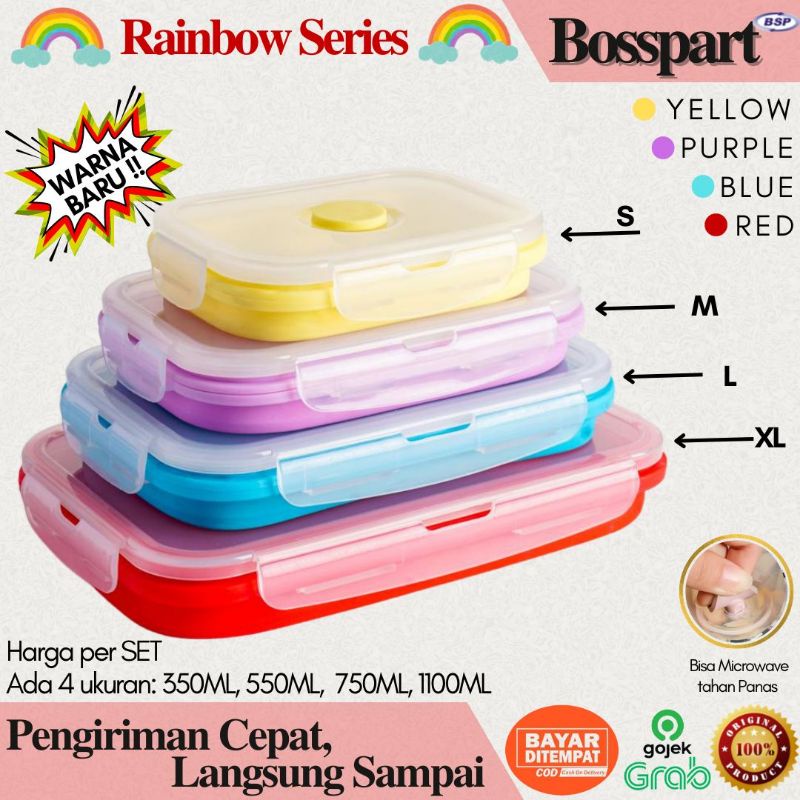 Tempat Makan Silikon Rainbow / Kotak Makan Silicone / Food Container Silicon Expandable / Wadah Makan Lipat / Toples Kotak Rainbow S M L XL