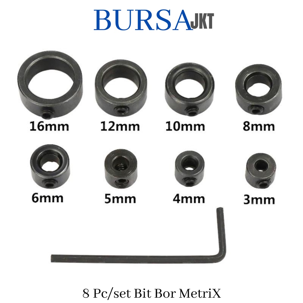 RING STOPPER PEMBATAS KEDALAMAN KAYU KUNCI MATA BOR COLLAR 3 - 16 MM 8 PC + KUNCI L