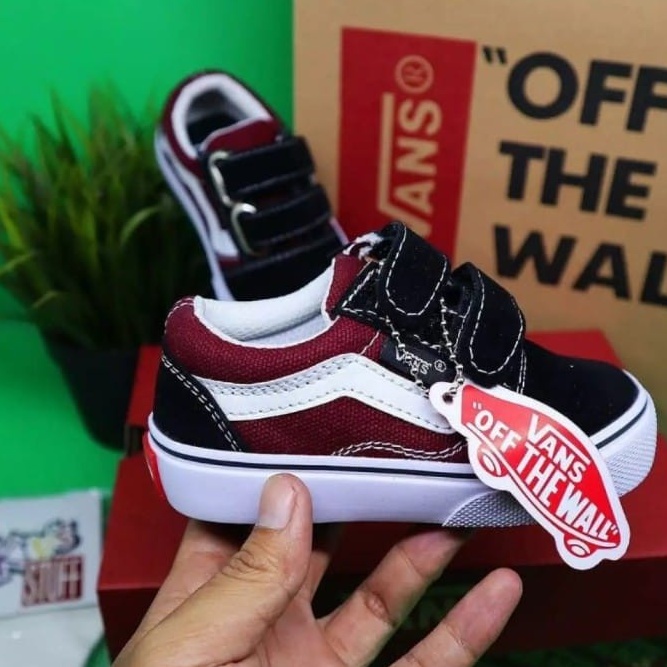 SEPATU VANS ANAK OLD SKOOL HITAM MAROON PEREKAT TANPA TALI PREMIUM