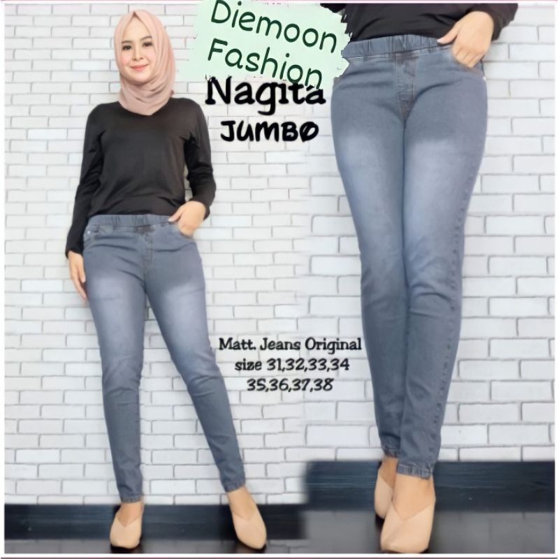 SIZE 31-38!! NAGITA JEGGING JUMBO DARK GREY SERIES MELAR PINGGANG KARET