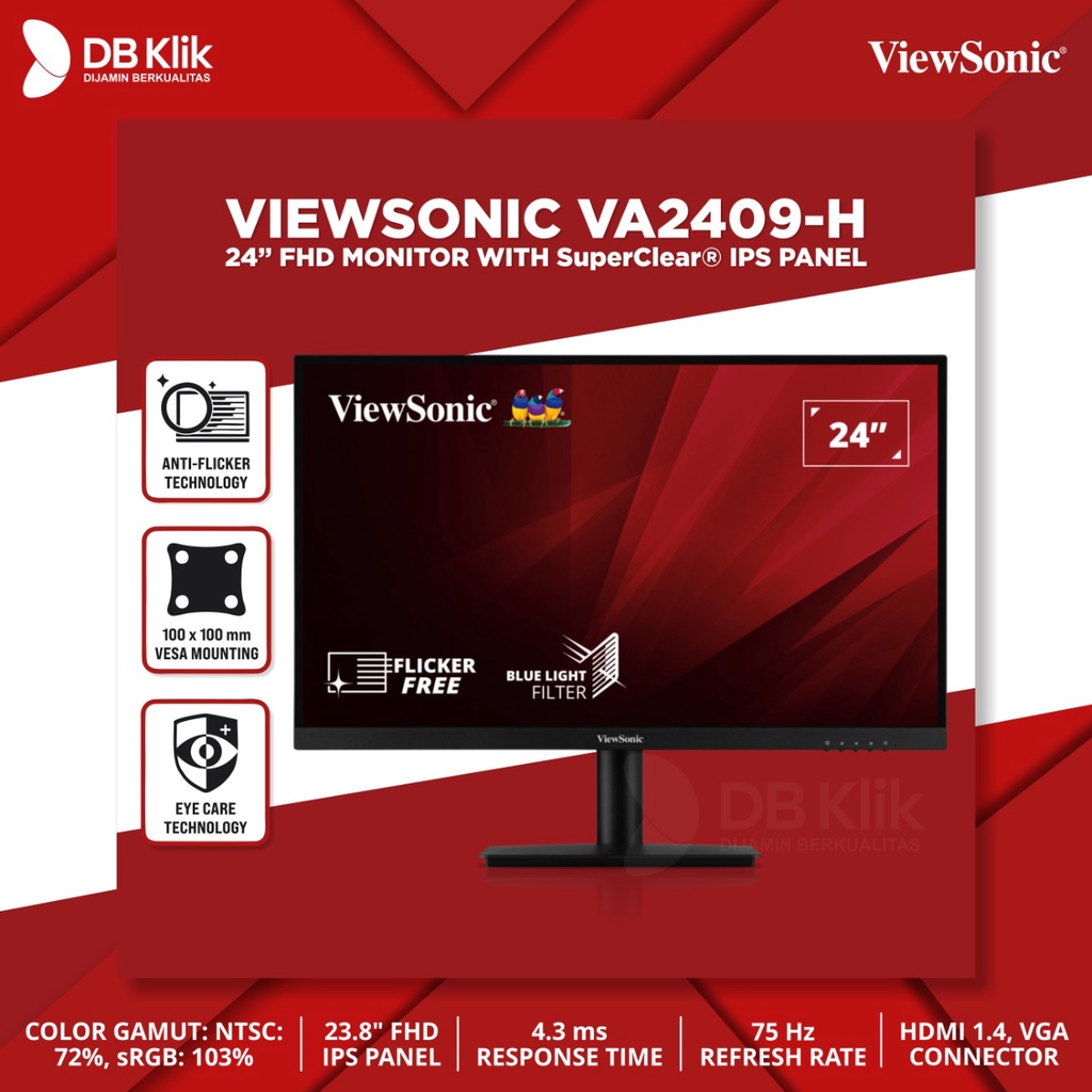 LED Monitor VIEWSONIC VA2409-H 23.6&quot; 75Hz Full HD HDMI VGA - VA2409H