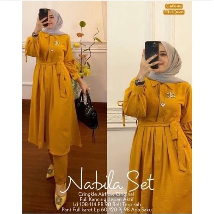 Nabila Set Baju Wanita Setelan Terbaru 2022/Setelan Muslim Wanita Terbaru Bahan Crinkle Airflow/Setelan Long Tunik Set/Fashion Outfit Set 2 In 1 Anti Kusut