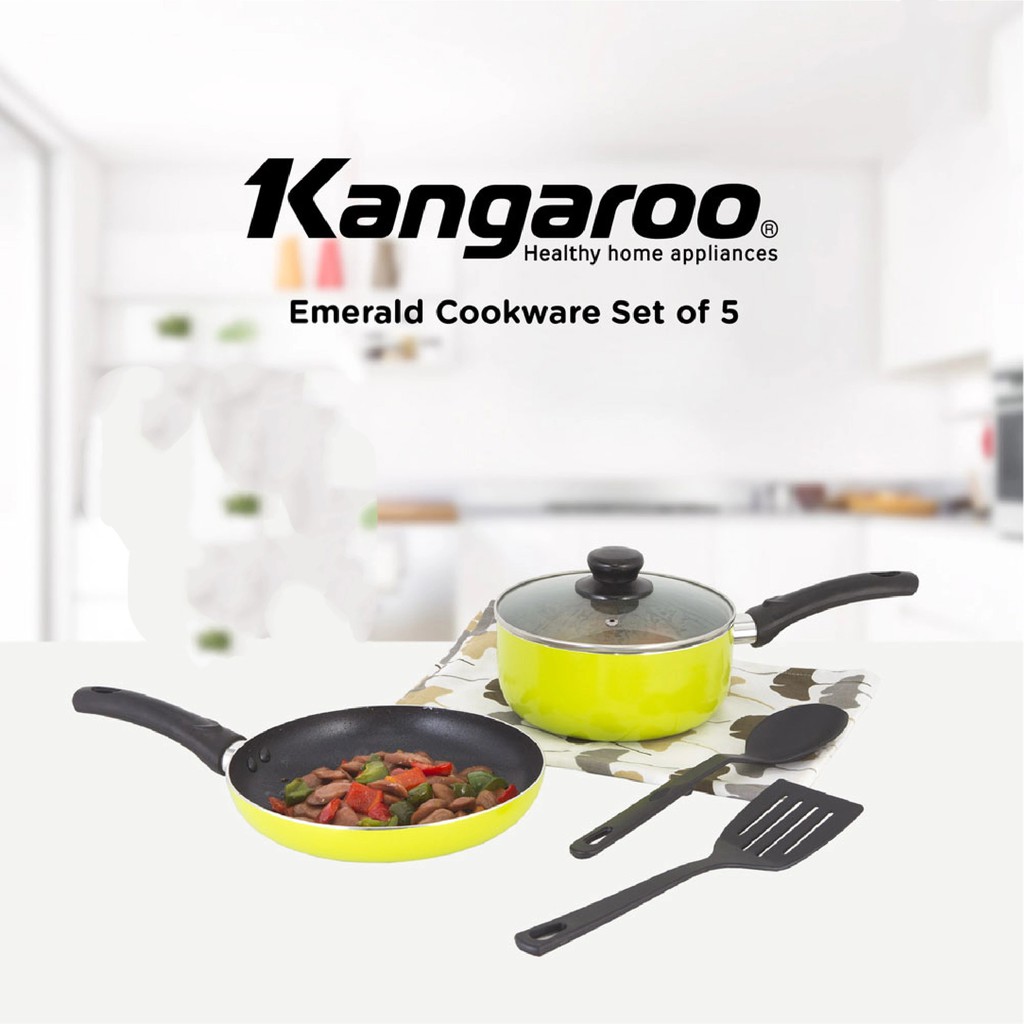 Kangaroo Emerald Cookware Set 5 / Panci Set Teflon Tutup Kaca Warna Hijau