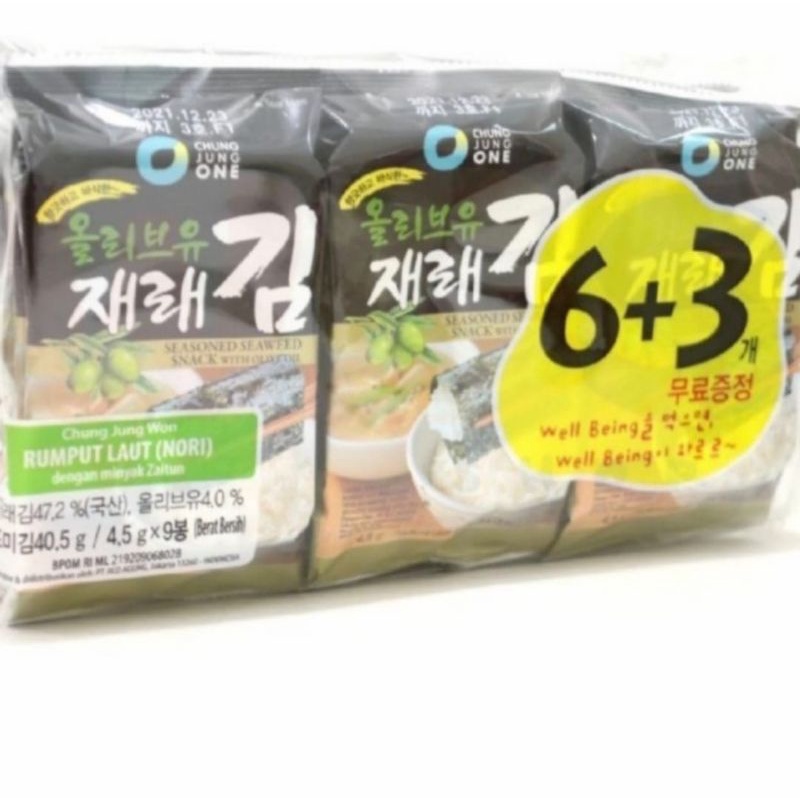 

Chung jung one seaweed 6+3 nori olive oil 9×4,5gr | rumput laut
