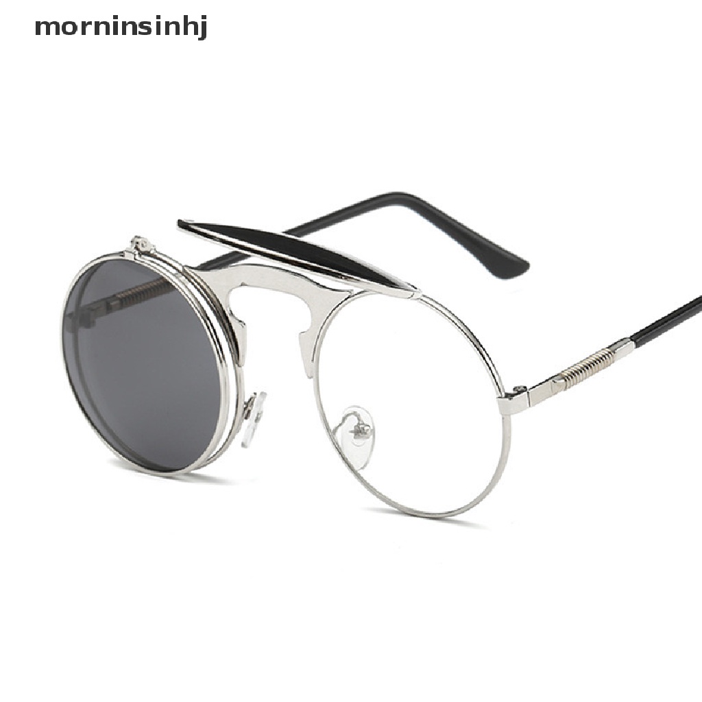 Mornin Kacamata Hitam Bulat Model Flip Up Gaya Retro Vintage Gothic Steampunk Untuk Wanita