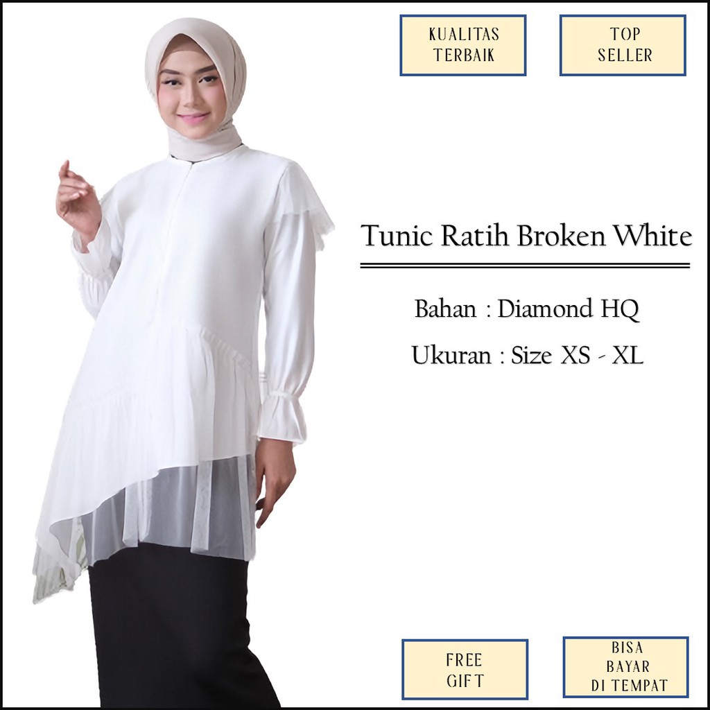 Baju Atasan Tunic Tunik Pesta Mewah Warna Putih Broken White Polos Bahan Diamond Size XS XL Jumbo M1