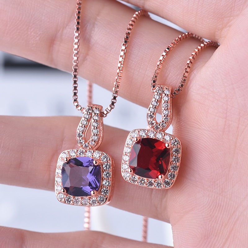 Kalung Rantai Klavikula Hias Liontin Berlian Zirkon Bentuk Persegi Emas Asli Kadar 375Lapis Rose Gold Untuk Wanita