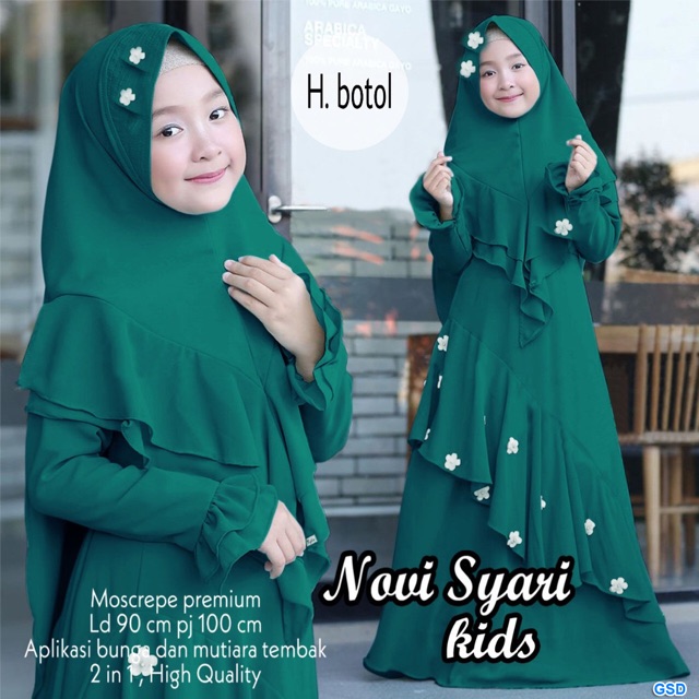 Novi syari kids/gamis+bergo anak/setelan muslim anak asimetris/baju gamis syari anak/baju gamis anak