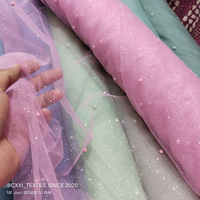 HARGA/1 M | KAIN TILE MUTIARA GLITTER / BAHAN TILE MUTIARA PREMIUM / KAIN TULE MUTIARA / BAHAN TULE