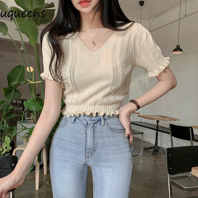 Bahan Rajut Crop-Top Gaya Korea Dan Kerah Leher V Dalam