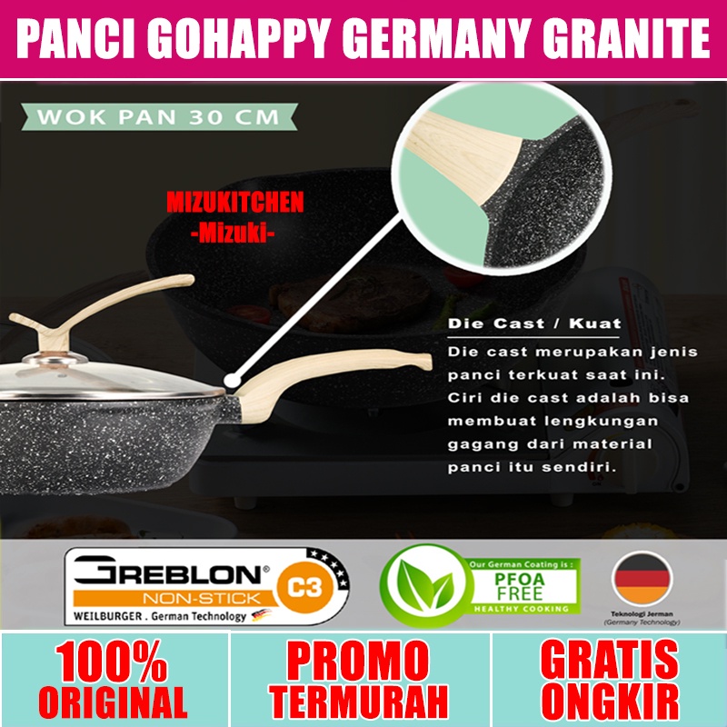 MIZUKI WOK PAN Germany Black Granite Gohappy GHG88 Panci Penggorengan BESAR 30 CM Anti lengket terbaik dunia ( FREE TUTUP KACA )