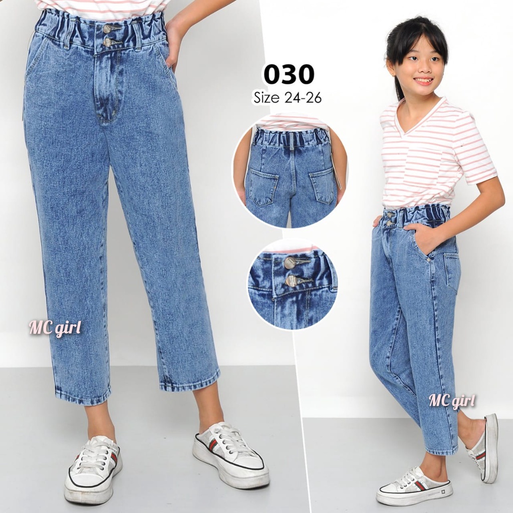 ( Size 24 - 26 ) MC girl - Celana Jeans Boyfriend Pinggang Karet Anak Perempuan / Boyfren Kancing Dua Anak Tanggung / Boifren Panjang Lepis Kancing 2 Anak Remaja