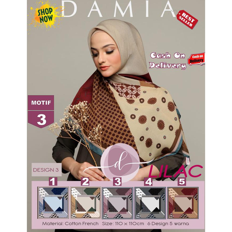 New Jilbab Segi Empat Lilac Cotton French Motif 3 By Damia Scarf -Kerudung