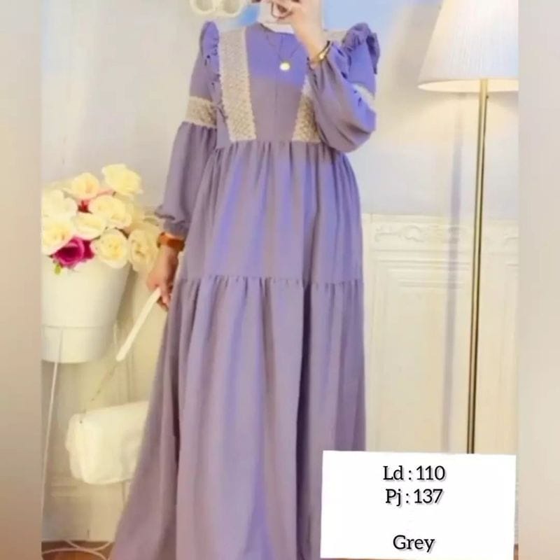 Fashion Wanita Gamis Crinkle Olivia Dress Baju Gamis Remaja Aplikasi Renda Lengan Balon Baju Wanita Kekinian