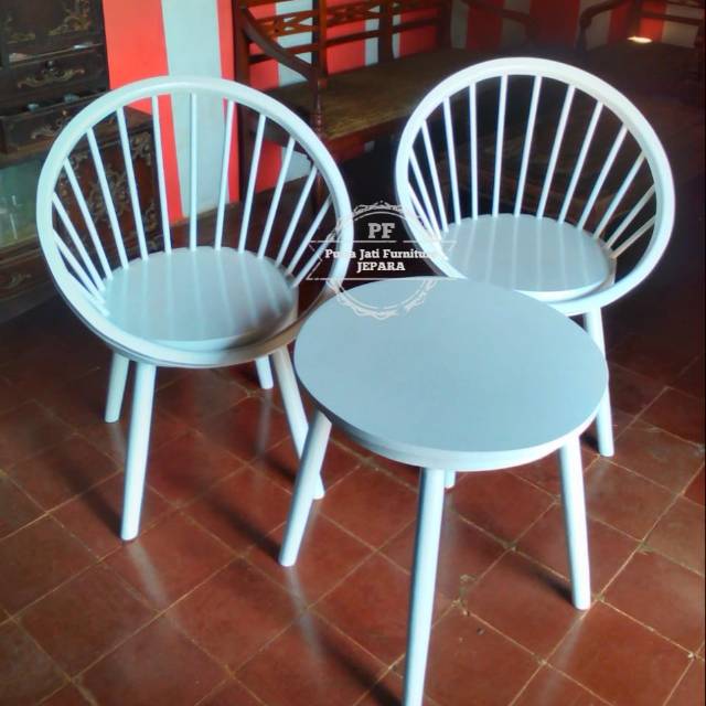 Meja Kursi Teras Kayu Jati Warna Putih, Meja Kursi Taman Minimalis Model Bundar Jari2