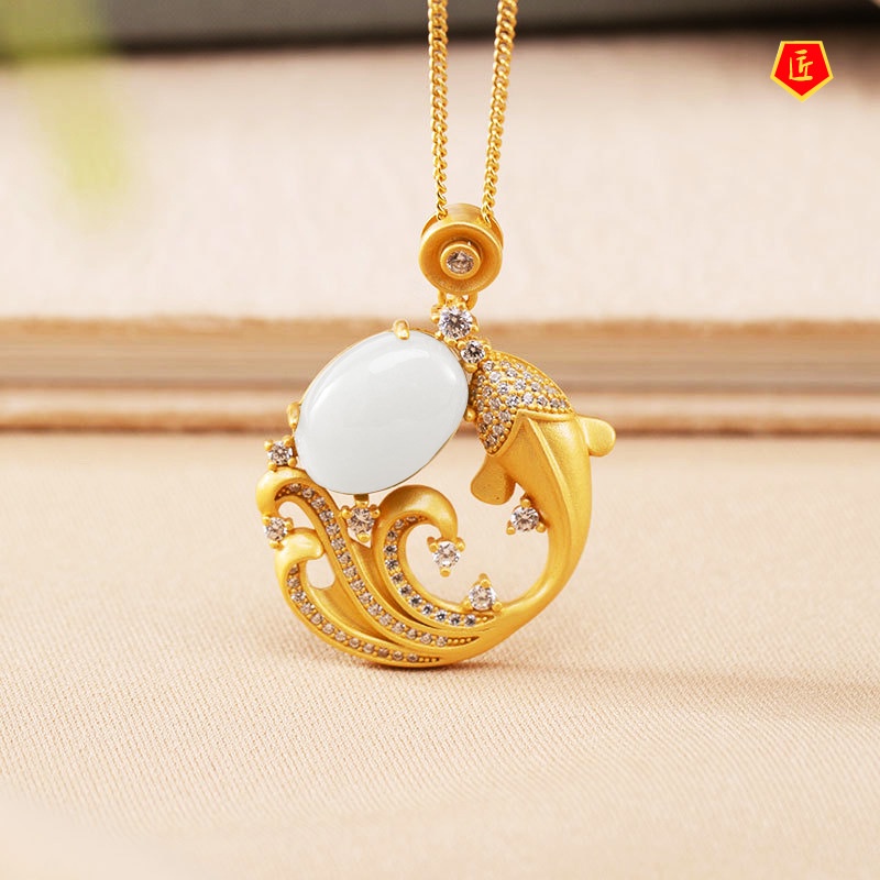 [Ready Stock]Hetian Jade Personality Full Diamond Gold Carp Pendant for Women