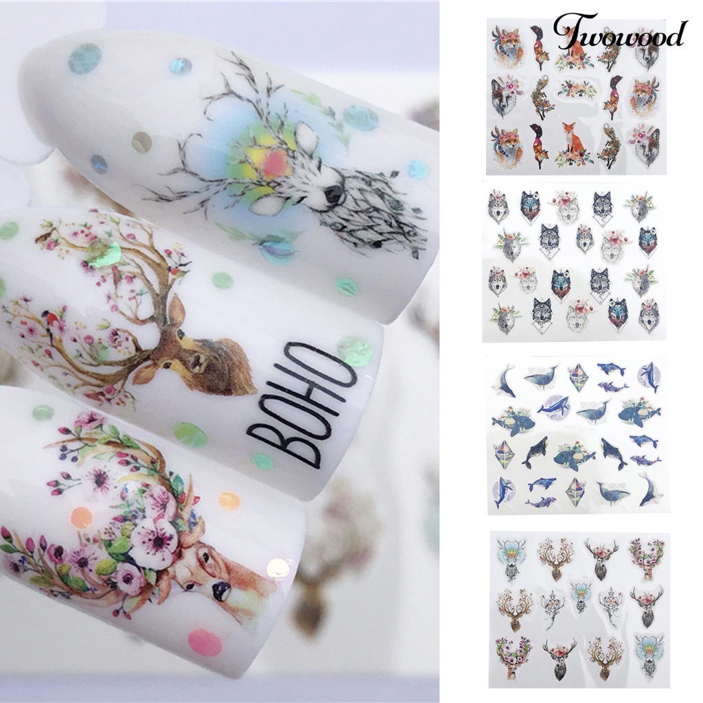 Twowood Stiker Kuku 2D Motif Rusa / Serigala Untuk Dekorasi Nail Art