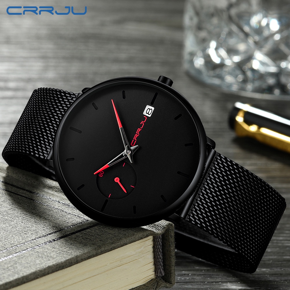 CRRJU Jam Tangan Pria Mode Santai Simple Dial Tali Jala Tahan Air Jam Tangan Automatic Date Watch