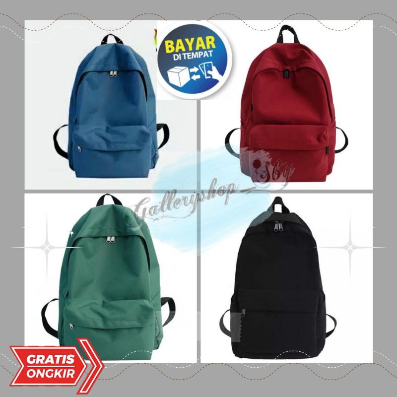 TAS RANSEL HITAM POLOS FULL BLACK SEKOLAH KERJA KULIAH TRAVEL RENANG PRIA WANITA CEWEK SANTAI MURAH