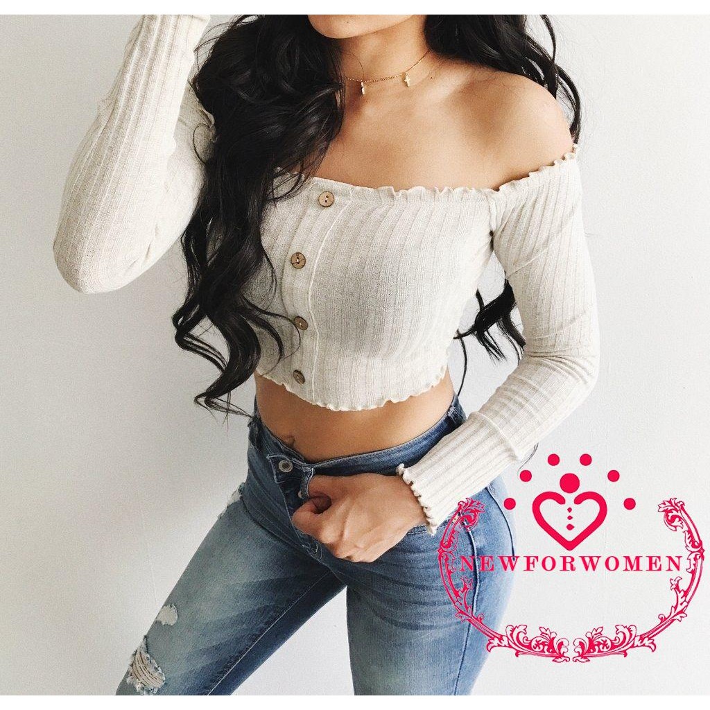 Mwe blus Crop  Top  Lengan  Panjang  Model  Off Shoulder T 