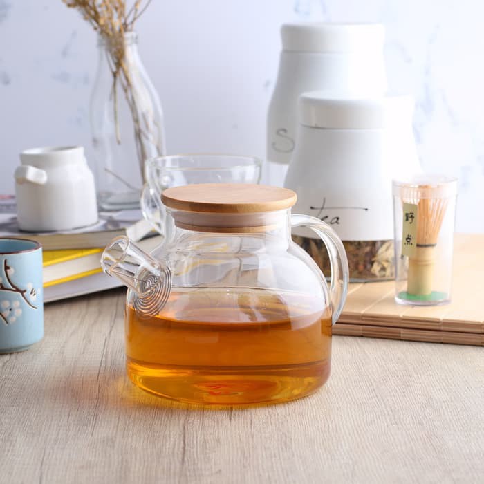 UCHII Exclusive Glass Tea Pot Juice Pitcher Water Jug w/ Bamboo Lid | Teko Teh Air Kaca Panas Dingin