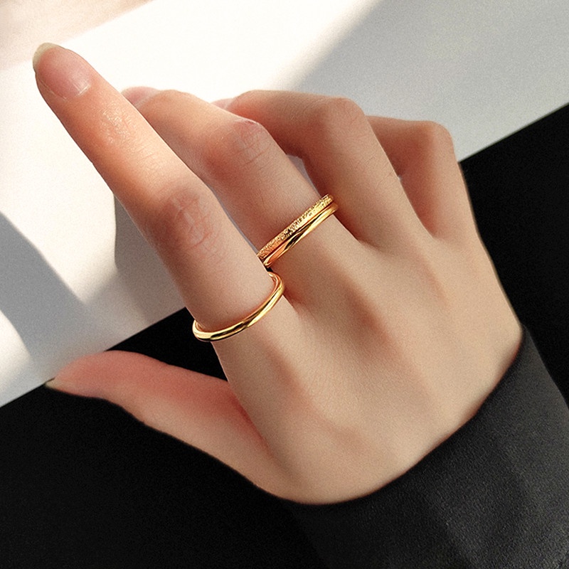 Set dari 3 Cincin Titanium Wanita Anti Karat Asli simple Premium Emas 18K Korea Aksesoris Wanita