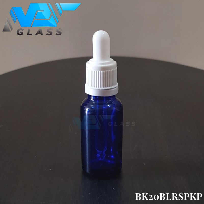 botol kaca pipet 20ml tebal biru - ring segel putih