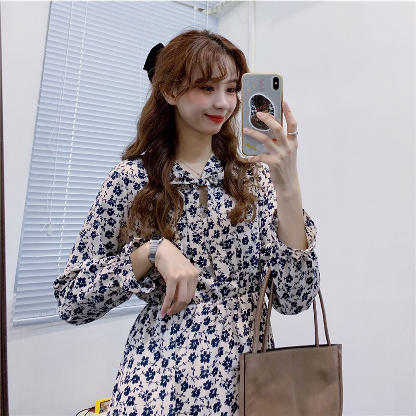 Fashion Kain Sutera Tipis Hitam Putih Bungs Wanita Midi Dress Korea Lengan Panjang Muslimah Motif Bunga Panjang Gaun