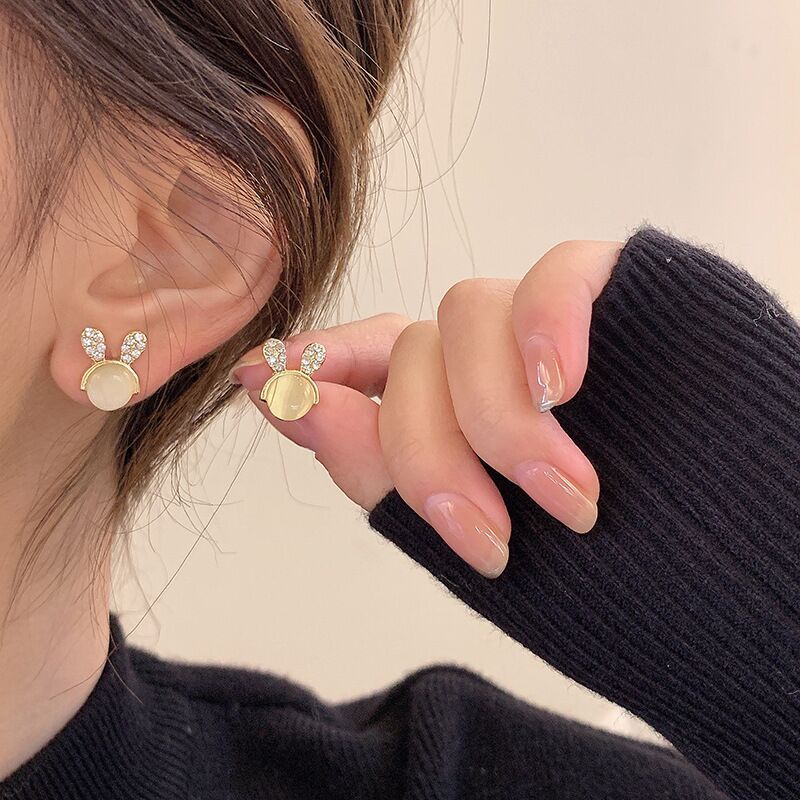 1pasang Pesta Opal Wanita Aksesoris Elegan Kelinci Berbentuk Indah Berlian Imitasi Manis Stud Anting Geometris Telinga Perhiasan Gadis