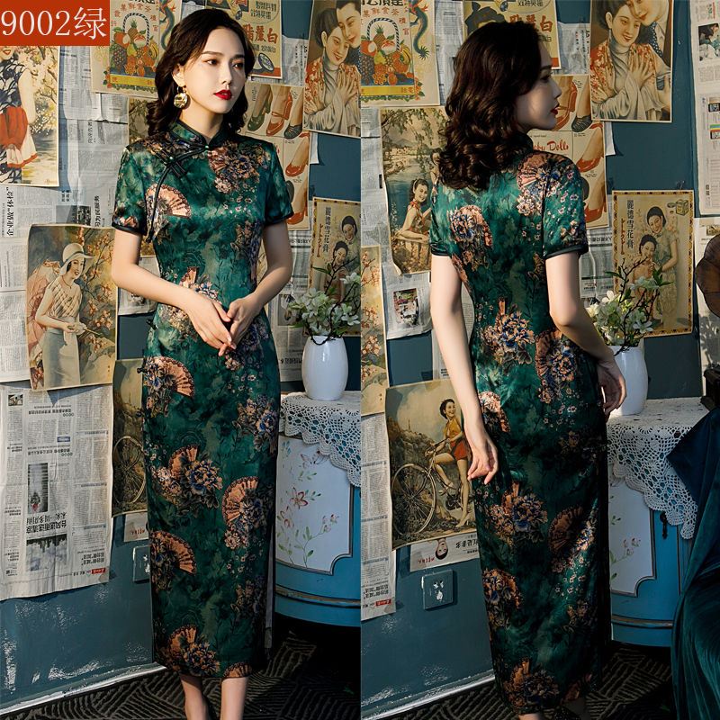 2022 summer new cheongsam long style retro slim fashion daily performance silk improved cheongsam dr