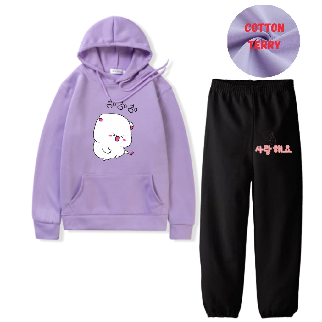JBF Baju Setelan Wanita Remeja Sweater Hoodie Hamster Korea Dan Celana Jogger Bahan Babyterry