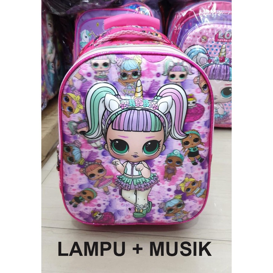 Tas Anak Sekolah TK Trolley Dorong LAMPU + Musik Gambar Anak Laki Laki dan Perempuan Timbul Import