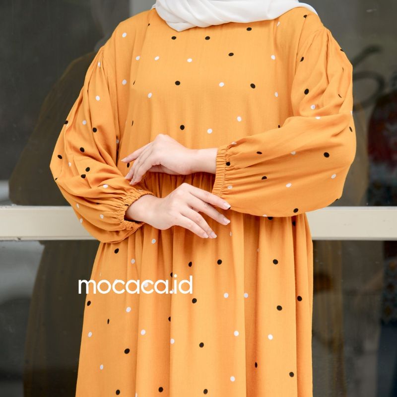 midi dress polkadot merah maroon kuning polka ootd hijab lengan karet kekinian katun rayon adem