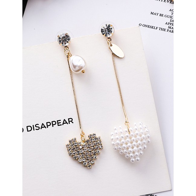 LRC Anting Tusuk Fashion Gold 925 Silver Needle Pearl Love Long Asymmetric Stud Earrings F54851