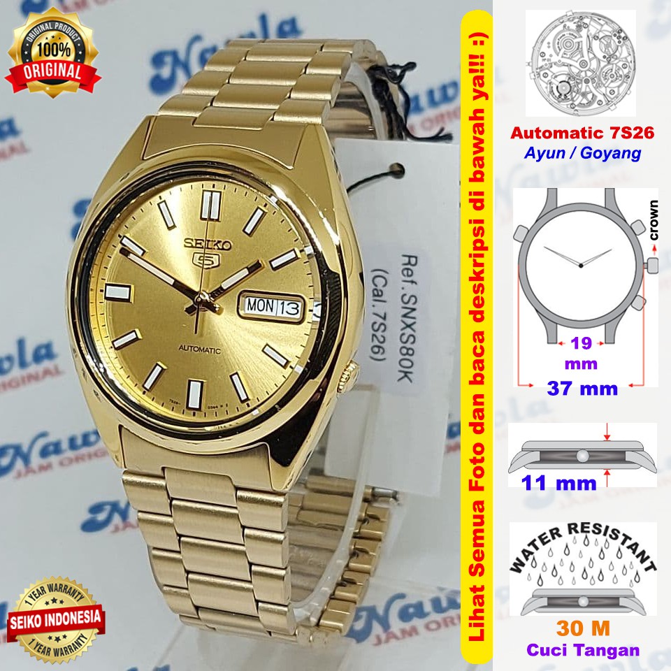 Seiko 5 SNXS80K1 Automatic Gold Plated Bracelet | Jam Pria SNXS80