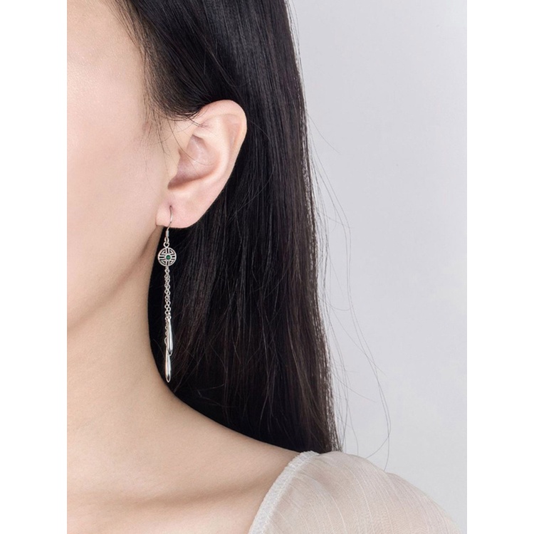 Anting Kait Rumbai Panjang Bentuk Segitiga Geometris Bahan 925 Silver Untuk Wanita