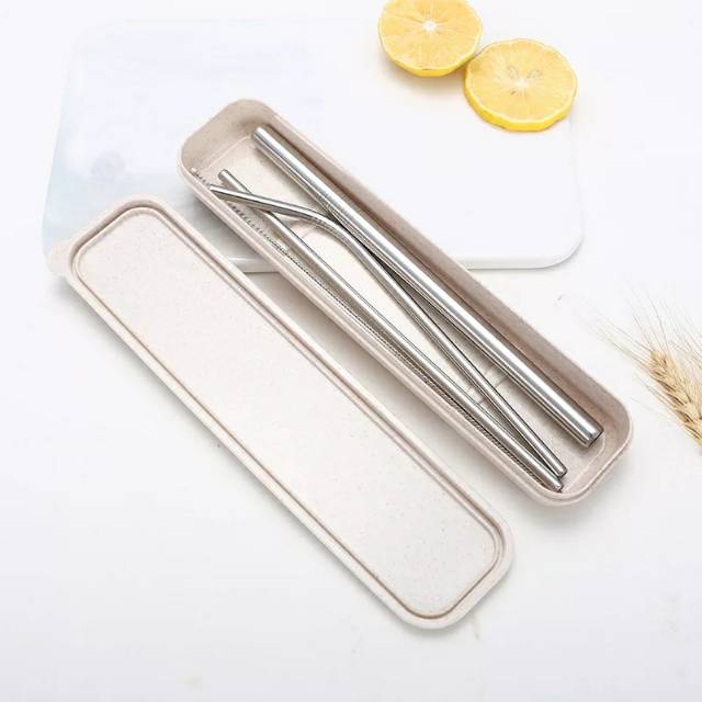 PROMO TERMURAH - Set Box Sedotan Stainless Steel Straw 3sedotan 1sikat 1box Plastik