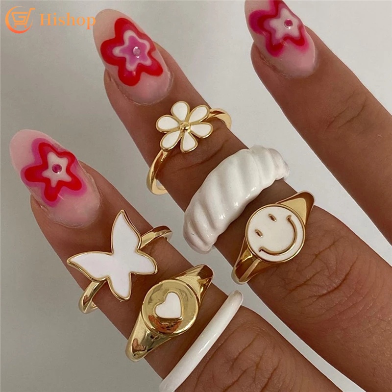 6pcs / Set Cincin Tai Chi Bentuk Hati Kupu-Kupu Putih Gaya Elegan Untuk Aksesoris Wanita