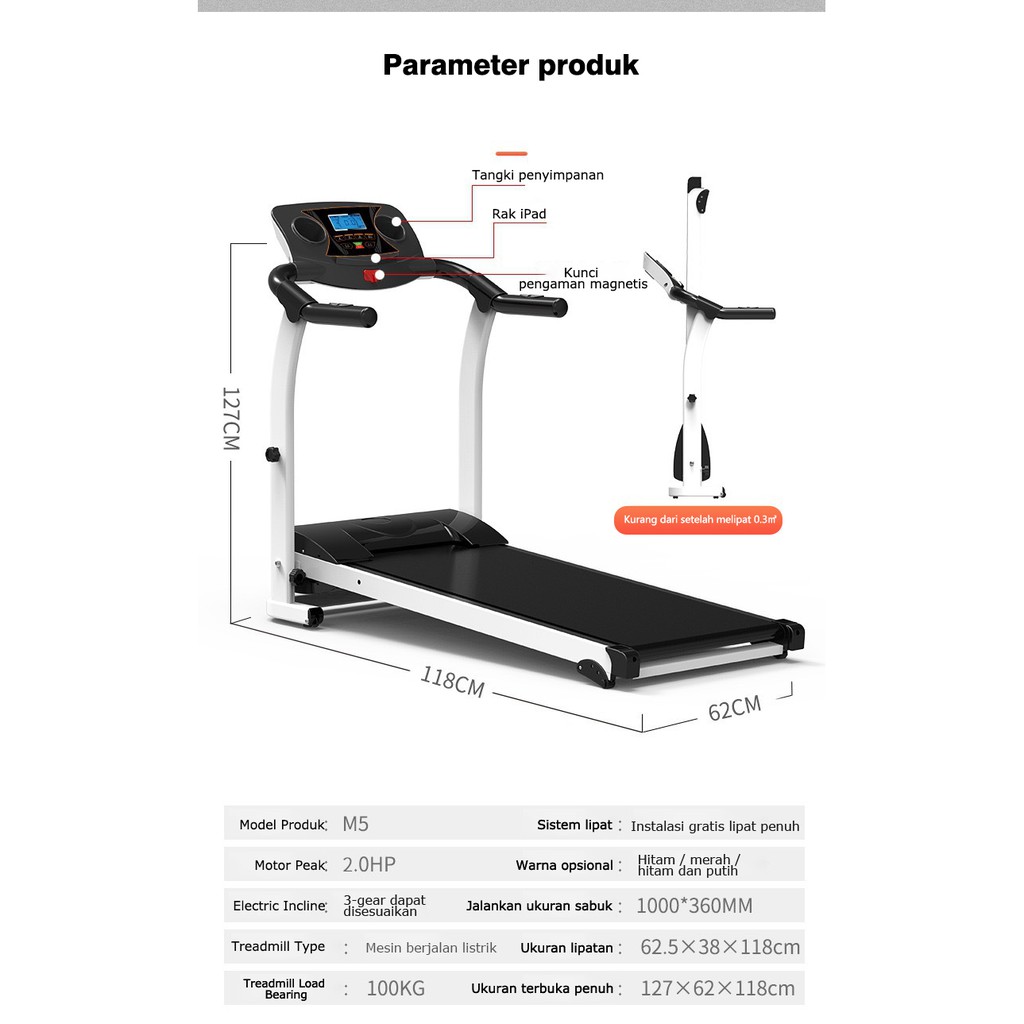 Treadmill Elektrik Lipat Alat Olahraga Fitness Cardio M5