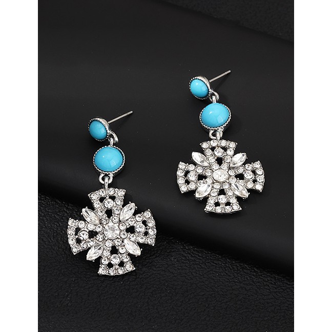 LRC Anting Tusuk Fashion Silver Blue Turquoise Long Zircon Flower Earrings D94454