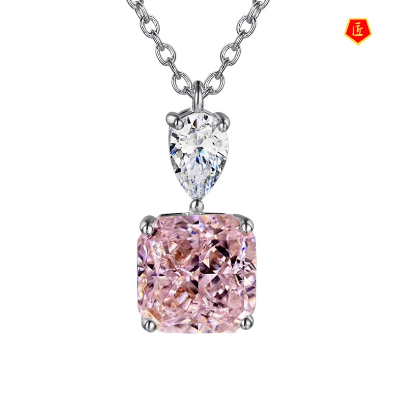 [Ready Stock]Pink Diamond Square Necklace Female Fairy S925 Silver Pendant Simple and Elegant