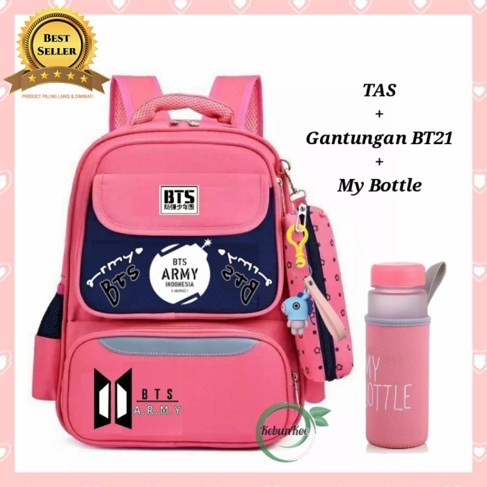 COD - Tas Sekolah Wanita Backpack Anak Perempuan BTS Army Bonus BT21 Botol - Pink Navy