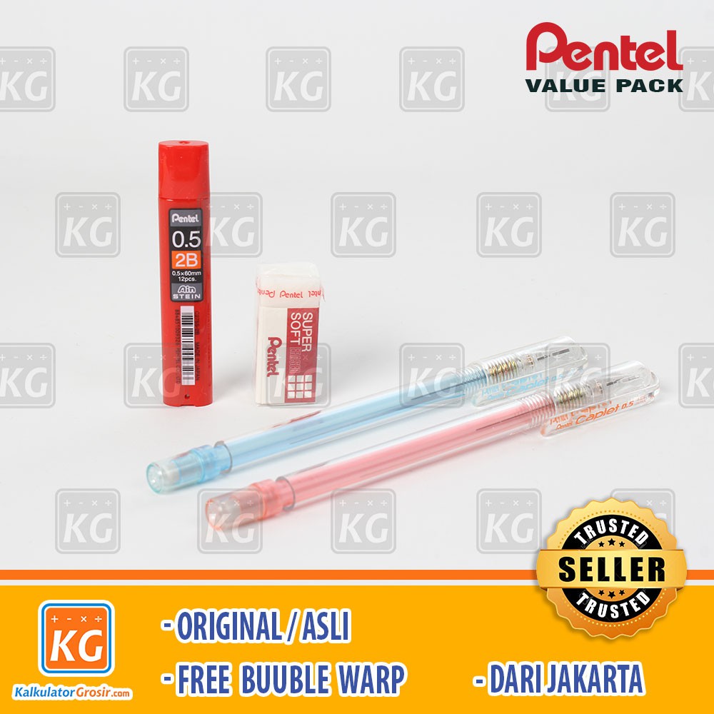 Pentel Pensil Mekanik Caplet 0.5 Transparan + Penghapus Dan Isi Pensil Paket Murah 3