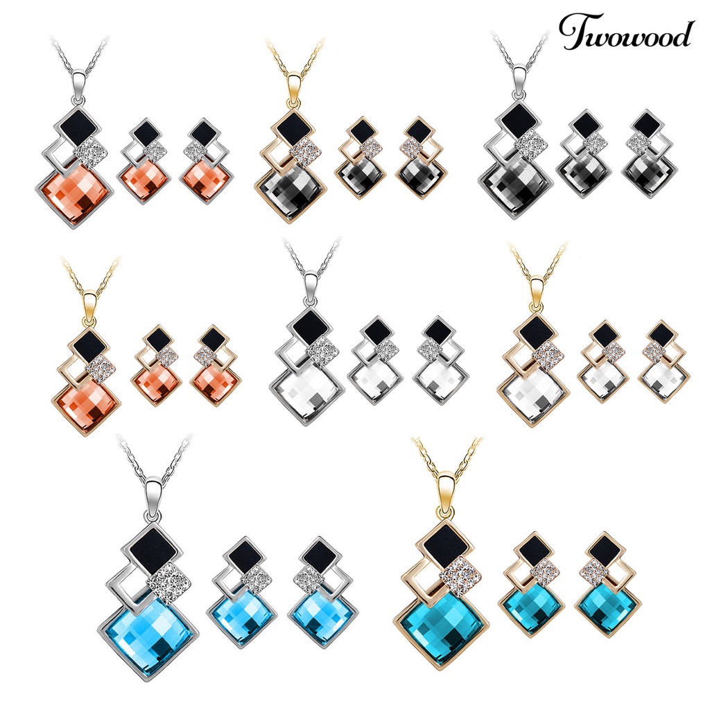 Twowood 2Pcs/Set Geometric Pendant Necklace Earrings Set Faux Crystal Alloy Shiny Bridal Stud Earrings Necklace Set Jewelry Accessory