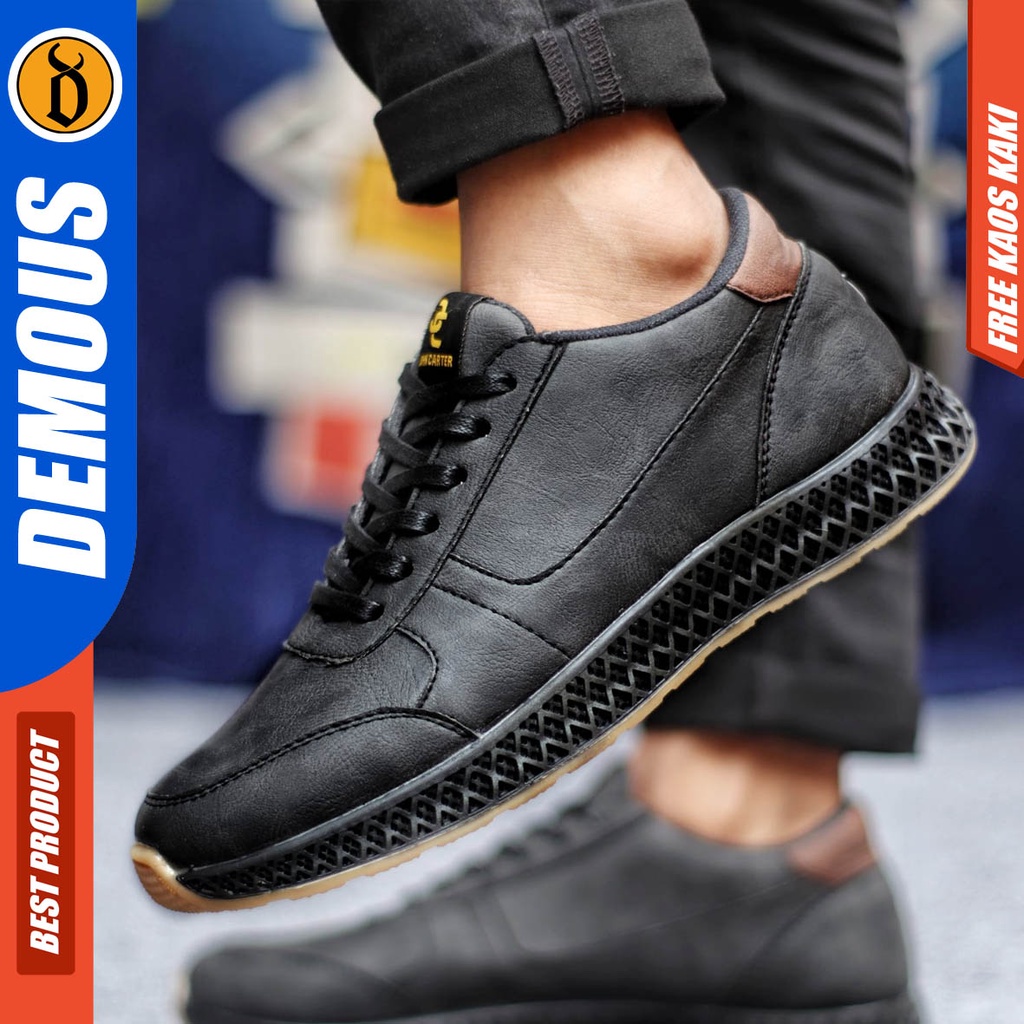 Sepatu Sneakers Kerja Pria Casual Kulit Pu Hitam Coklat Demous Runn